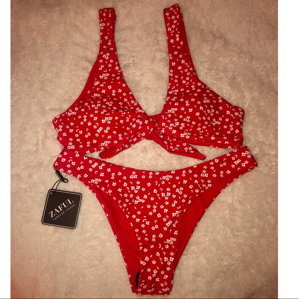 Red and White Floral Bikini